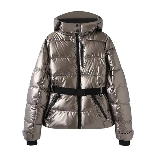 Damen warme Steppjacke mit abnehmbarer Kapuze und Taillengürtel EB