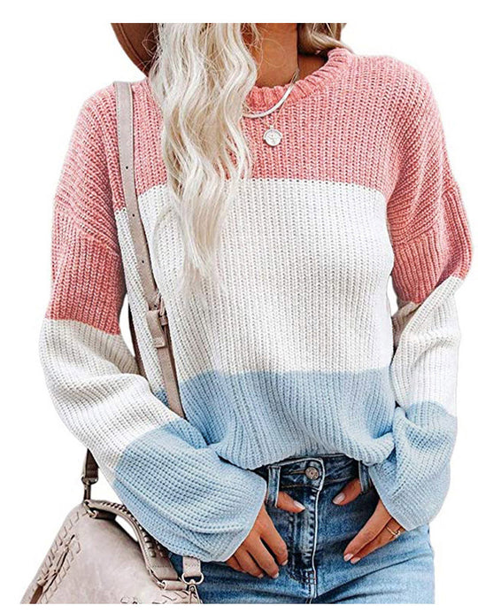 Damen modischer Strickpullover mit farbigem Blockdesign und weitem Schnitt EB