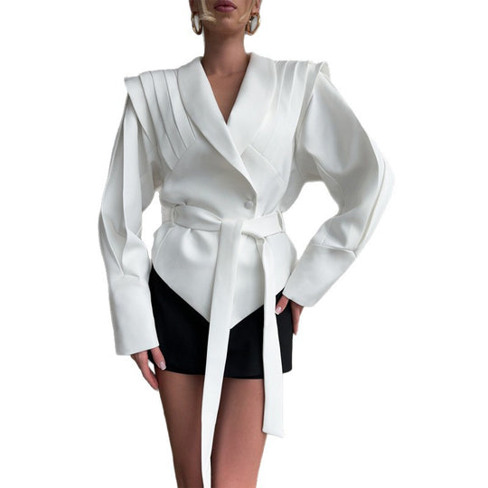 Damen Couture Blazer mit elegantem Kragen und Taillengürtel EB