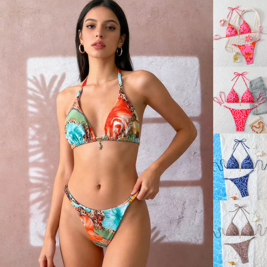 Damen Triangel-Bikini-Set mit verstellbaren Trägern und floralen Mustern EB