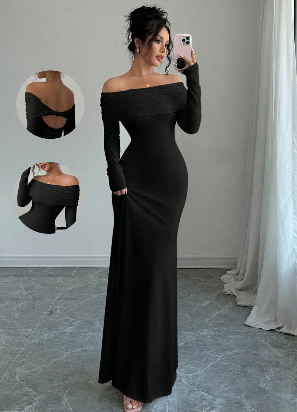 Damen Elegantes und figurbetontes Off-Shoulder Maxikleid mit langen Ärmeln EB
