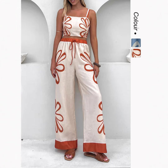 Damen Freizeitoberteil und weit geschnittene Hose mit floralem Muster EB
