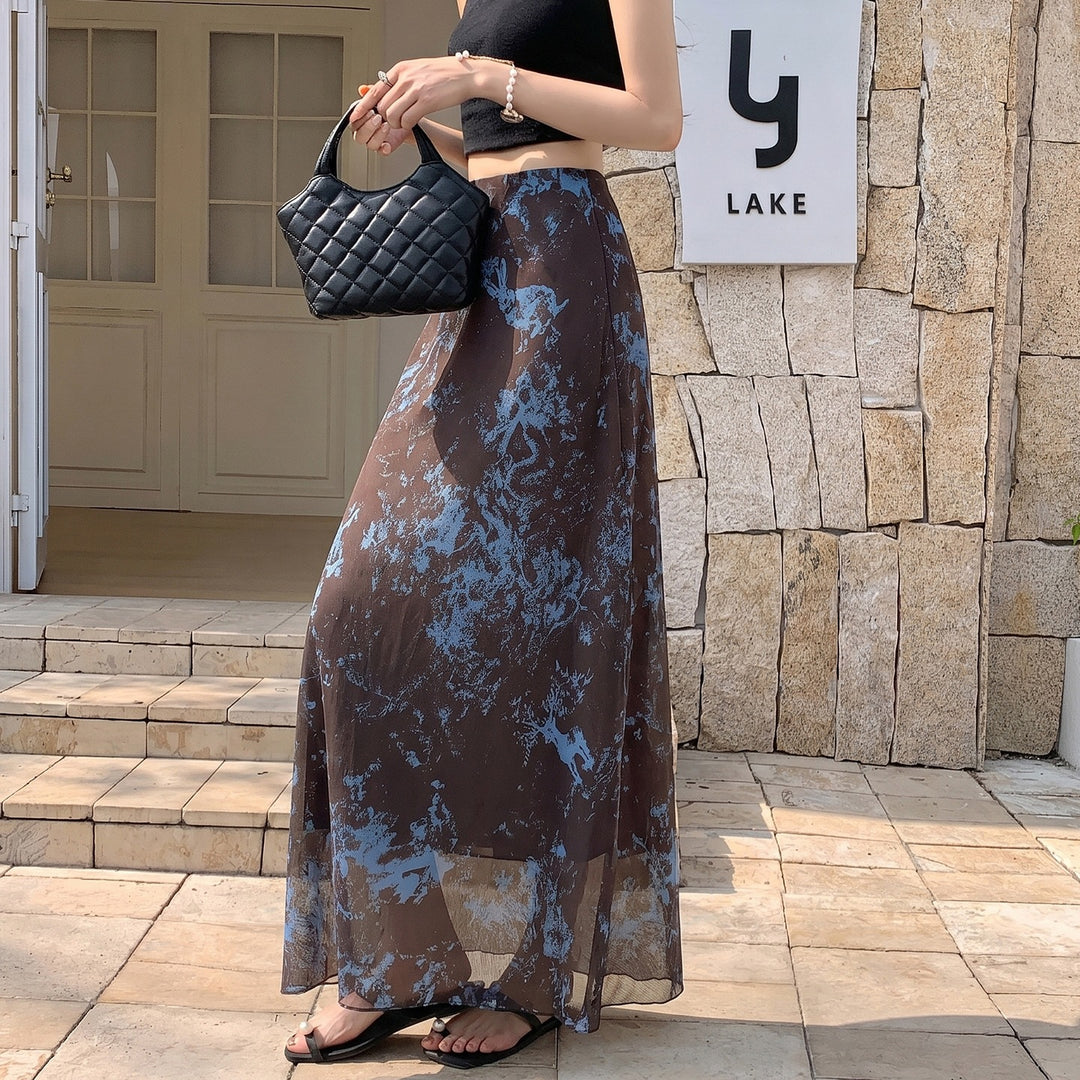 Damen  A-Linien Maxirock mit semi-transparenter Chiffonlage und abstraktem Batik-Print EB