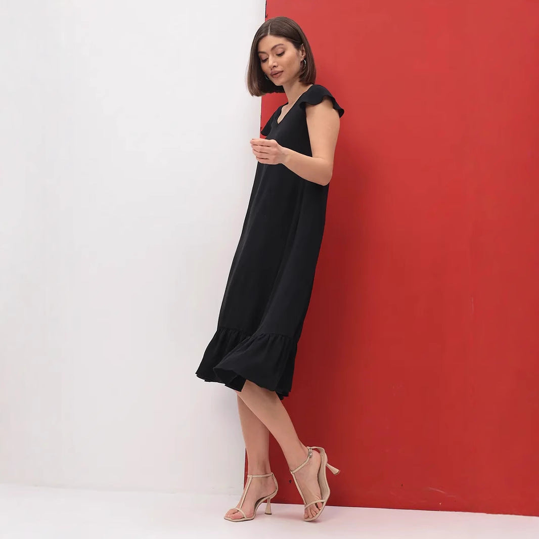 Damen Midi-Kleid mit modischem V-Ausschnitt und Rüschensaum EB