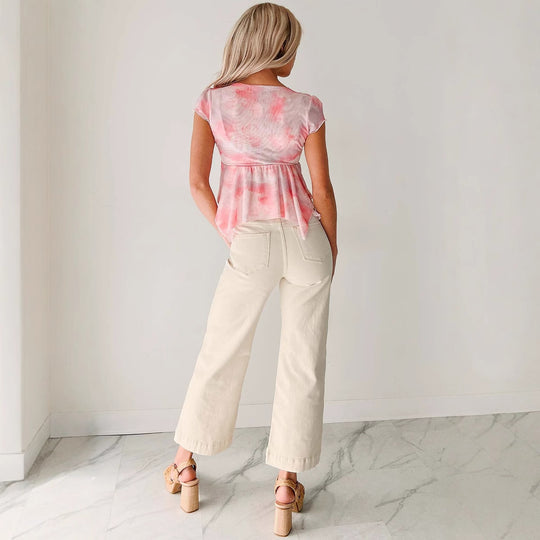 Damen Bluse mit romantischem Rosenmuster und zartem Bindegürtel EB