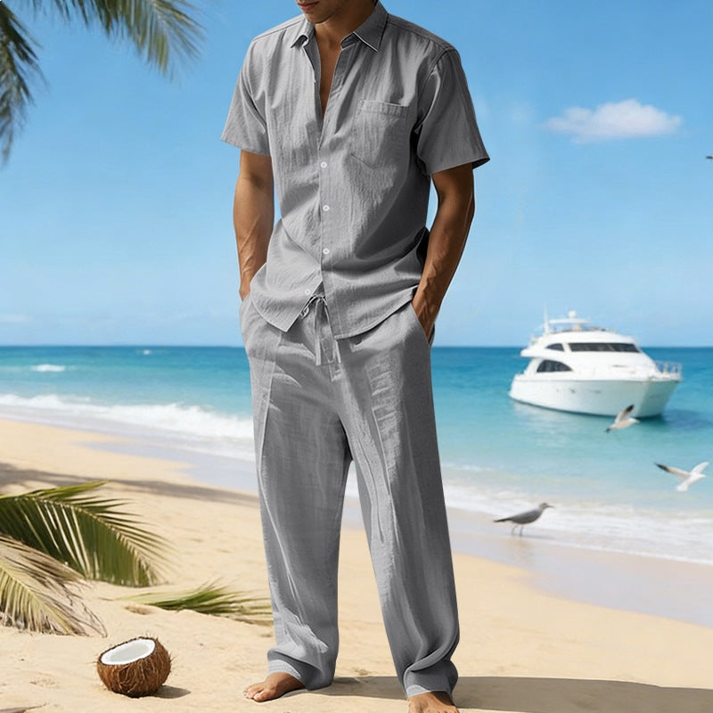 Herren nan resort-taugliches Kurzarm-Hemd mit Brusttasche und lässiger Leinen-Kordelhose EB