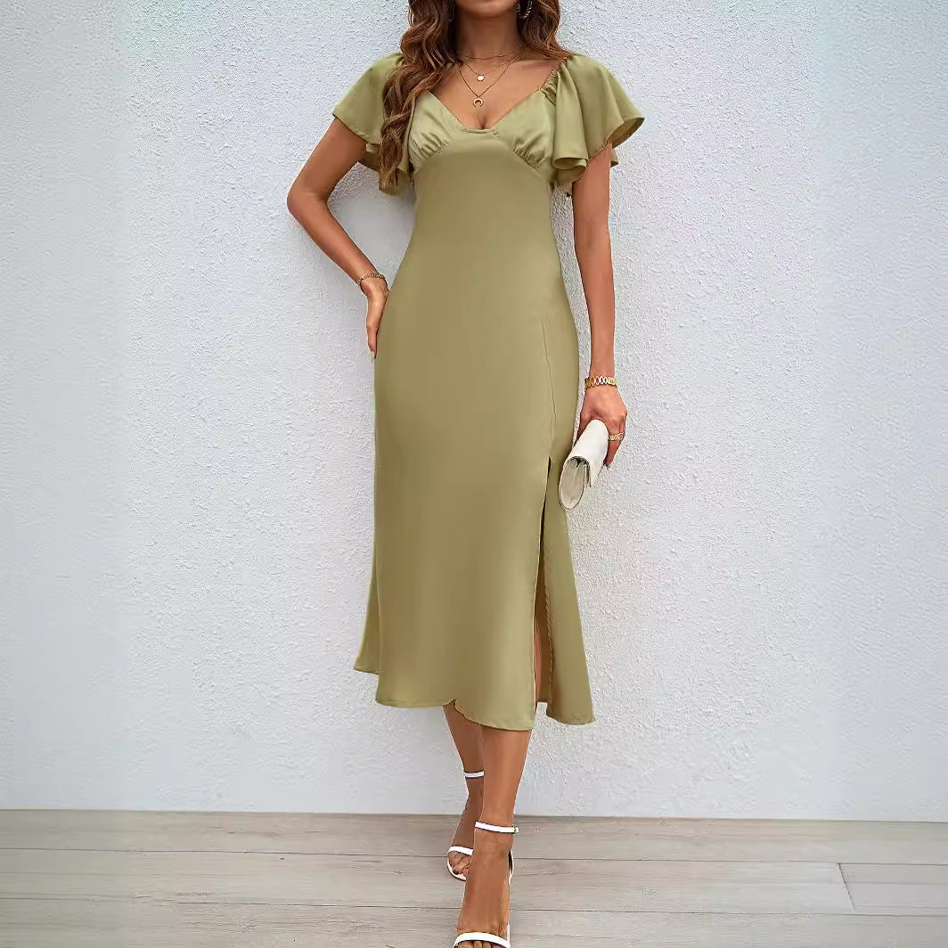 Damen Midikleid mit voluminösen Rüschendetails und seitlichem Schlitz EB