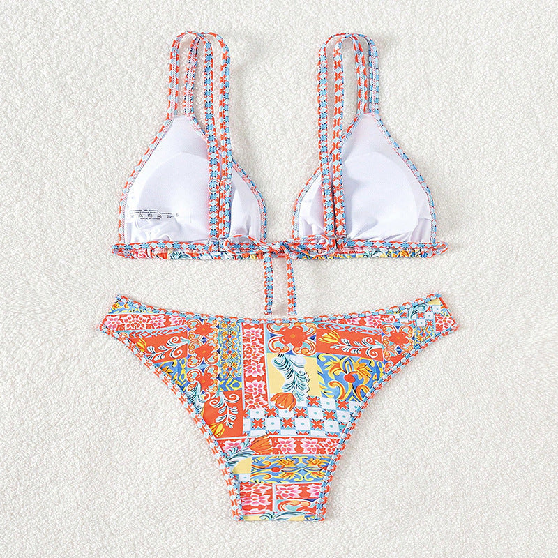 Damen Triangel-Bikini mit verstellbaren Trägern und buntem Muster EB