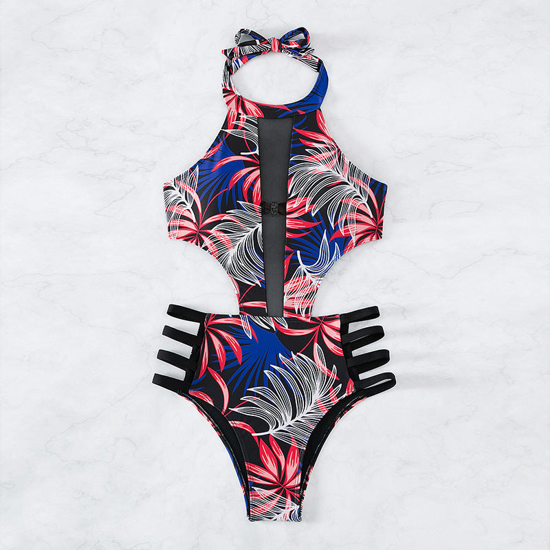Damen Hochgeschlossener Badeanzug mit floralem Muster und Cut-Out Details EB