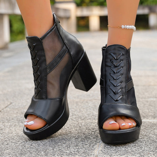 Damen High-Top Sandalen mit transparentem Mesh und dekorativem Schnürdesign EB