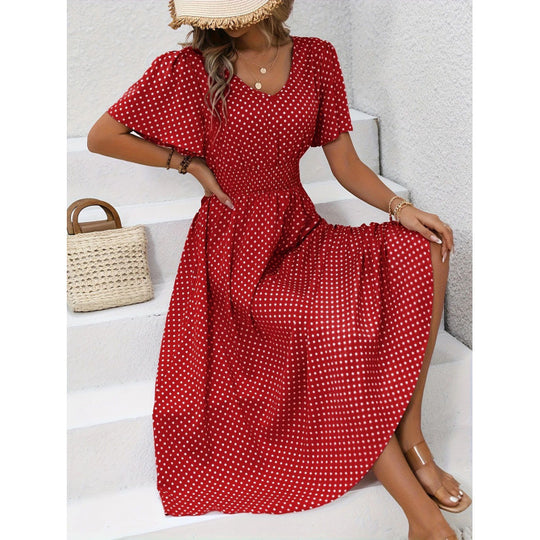 Damen Maxikleid im verspielten Punktdesign mit voluminösen Ärmeln und tiefem V-Ausschnitt EB
