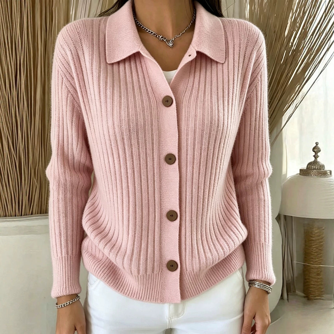 Damen Feiner gerippter Knopf‑Cardigan mit Hemdkragen und kastiger Silhouette EB