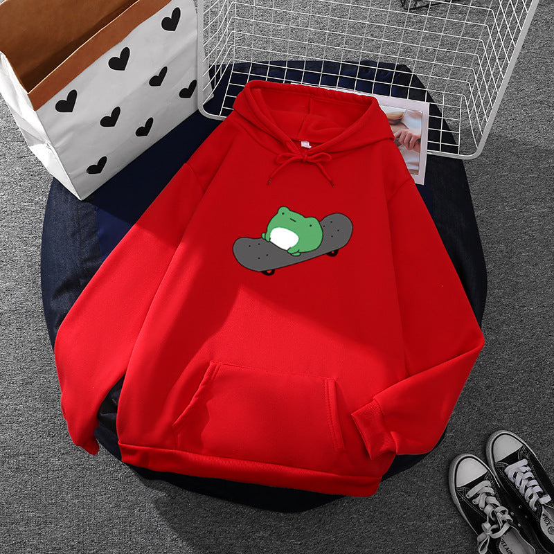 Unisex nan Kapuzenpullover mit Skater-Frosch-Print, weichem Fleece-Innenfutter und Kängurutasche EB