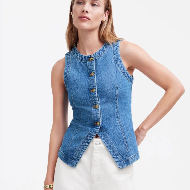 Damen Jeansweste mit Knopfleiste und seitlichen Eingrifftaschen EB