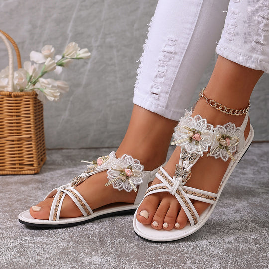 Damen Elegante Sandalen mit floralen Applikationen und verstellbarem Riemen EB