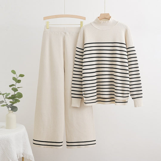 Damen gemütliches Strick-Loungewear-Set mit quer gestreiften Details EB