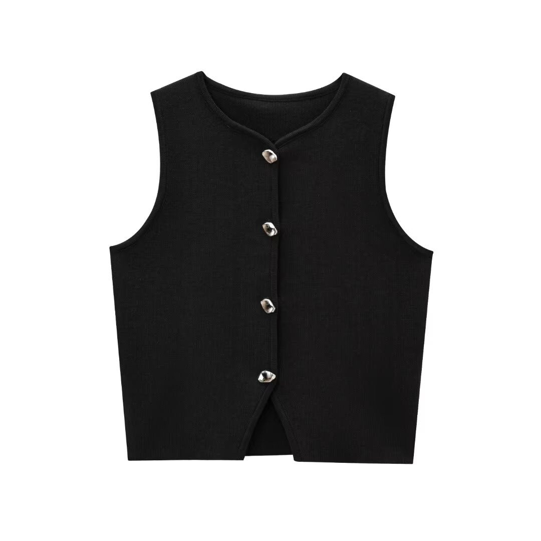 Damen ärmelloses Strickoberteil mit Knopfdetails EB