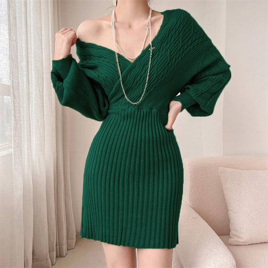 Damen Elegantes Strickkleid mit V-Ausschnitt und besonderem Rippenmuster EB