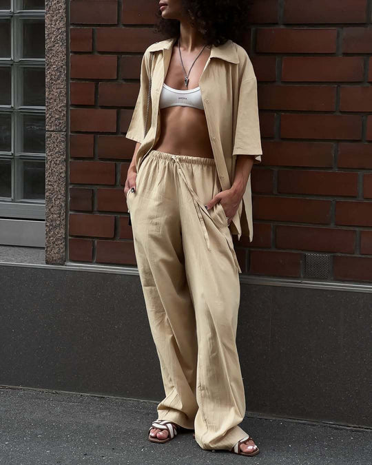 Damen Weite Lounge-Hose mit elastischem Kordelbund und fließendem Palazzoschnitt EB