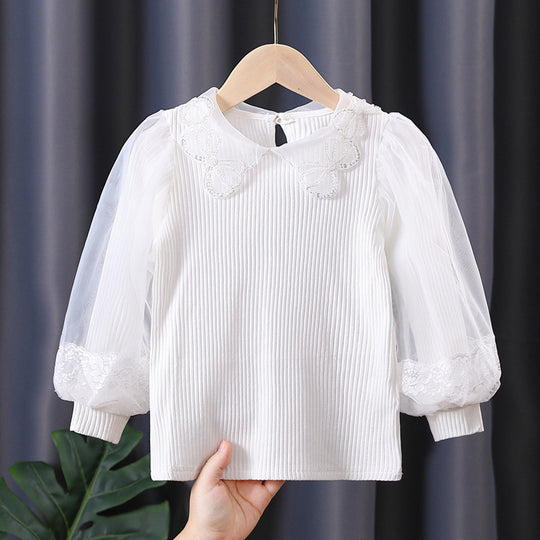 Mädchen Bluse mit Spitzenakzenten und transparenten Ärmeln EB