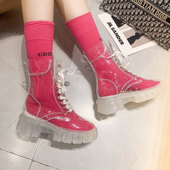 Damen trendige Stiefeletten im transparenten Design mit knalligem Detail EB