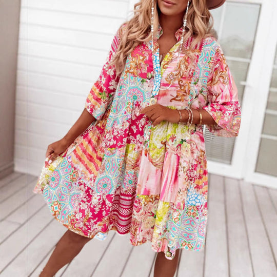 Damen lässiges Maxikleid mit buntem Patchwork-Design und komfortablem Schnitt Heidi-Mode