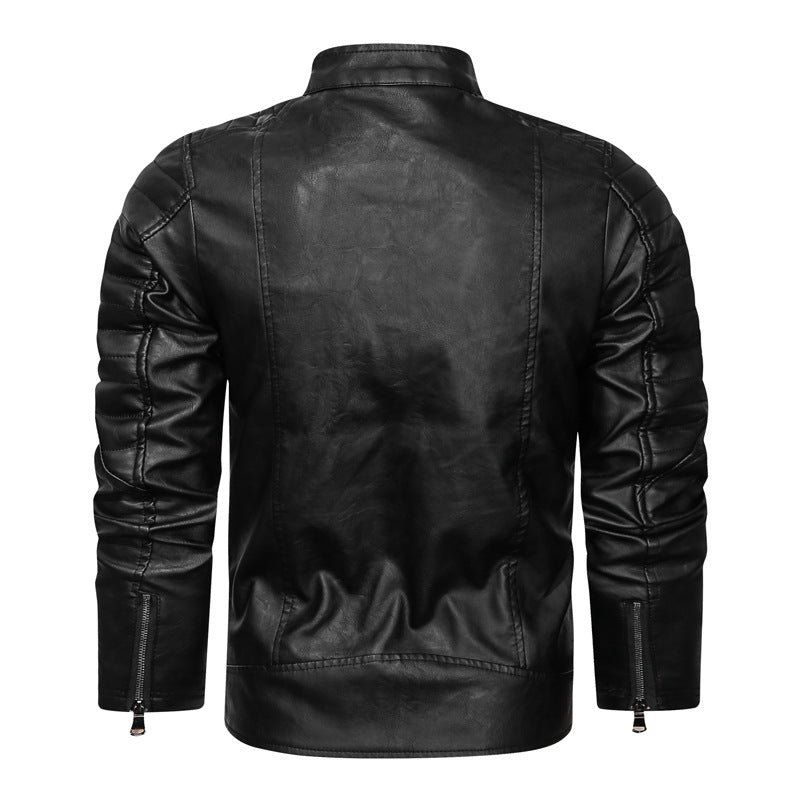Herren Motorrad-inspirierte Lederoptikjacke mit Stehkragen und Ziernähten EB
