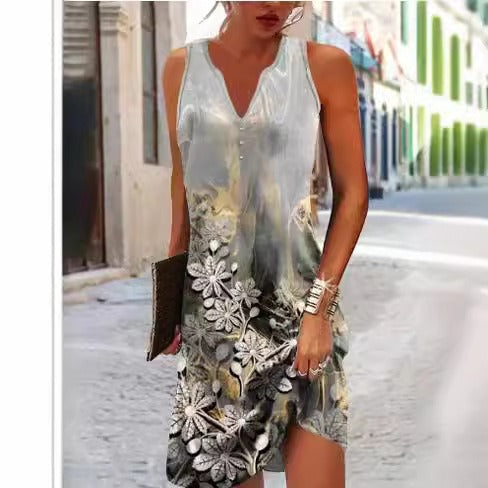 Damen, lässiges Sommerkleid mit V-Ausschnitt und asymmetrischem Saum EB