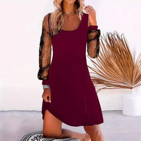 Damen Midi-Kleid mit transparenten Puffärmeln und eleganter Silhouette EB