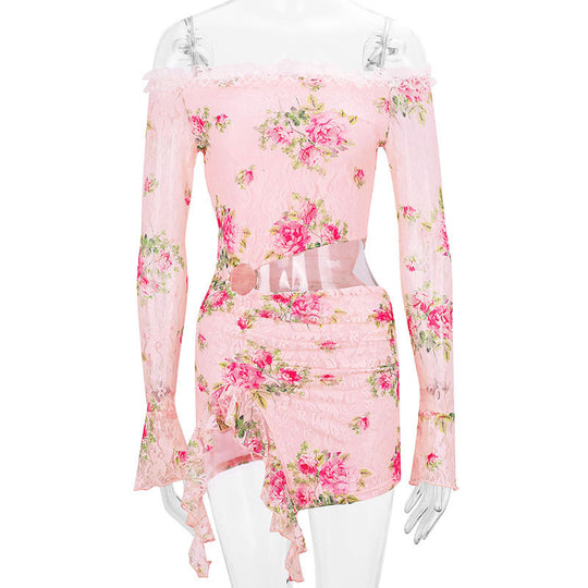 Damen Off-Shoulder Blusenkleid mit floralen Akzenten und asymmetrischem Design EB