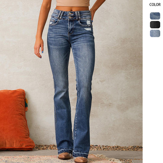 Damen nan hochtaillierte Vintage-Bootcut-Jeans mit doppelter Knopfleiste, leichtem Destroyed-Detail und ausgefranstem Saum EB