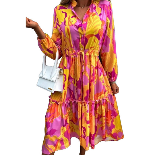 Damen Langarm-Hemdkleid mit lässiger Silhouette und Taillenzug EB