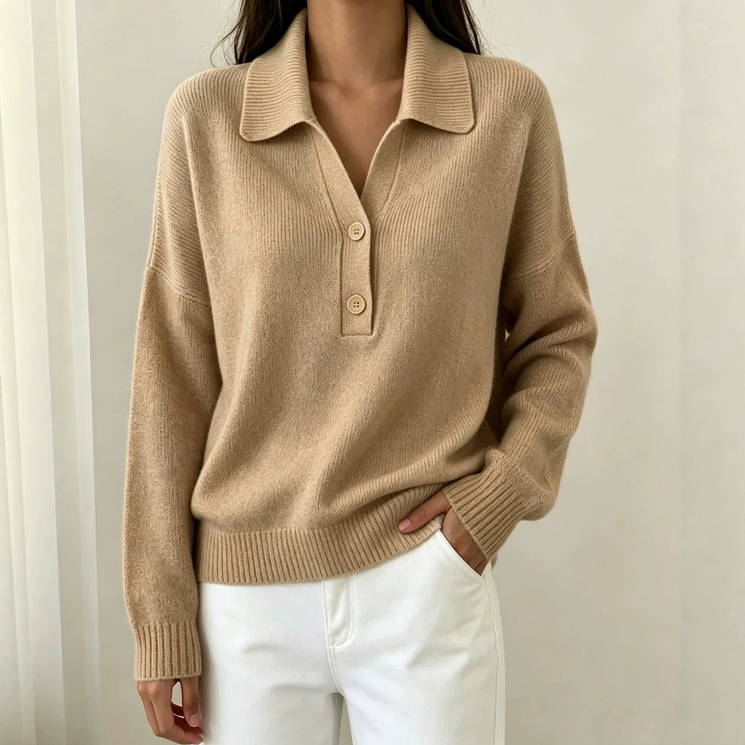 Damen Polokragen-Pullover mit halber Knopfleiste und geripptem Saum EB