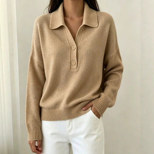 Damen Polokragen-Pullover mit halber Knopfleiste und geripptem Saum EB