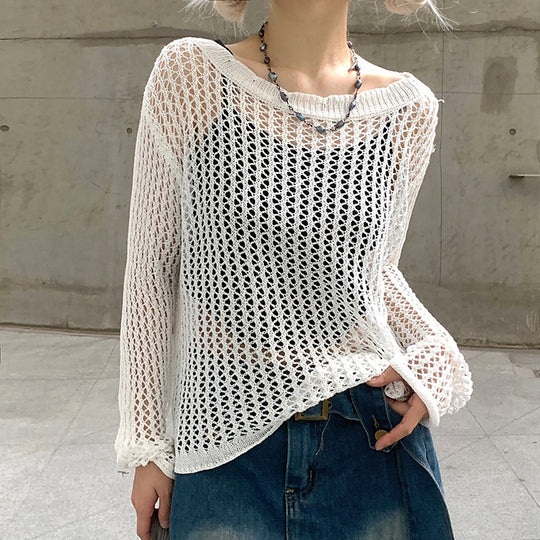 Damen luftiger Strickpullover mit feinem Netzmuster EB