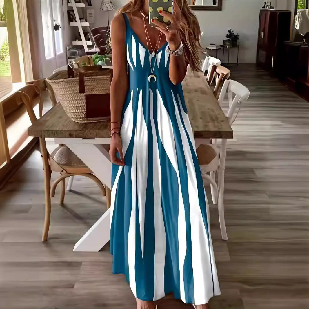 Damen Maxikleid mit raffiniertem Streifenmuster und tiefem V-Ausschnitt Heidi-Mode