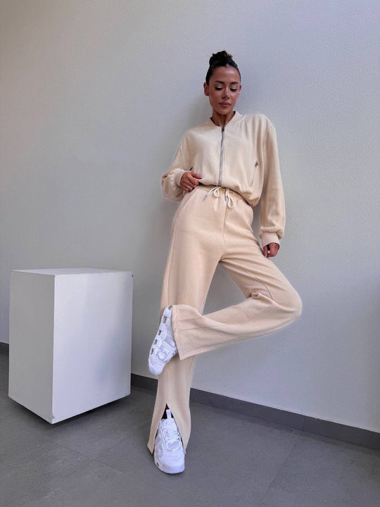 Damen Loungewear-Set mit Kurzzip-Jacke und High‑Waist‑Jogginghose mit Seitenschlitz EB