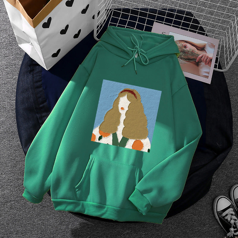 Damen nan Kapuzenpullover mit kunstvoller Chenille-Stickerei im Portraitstil und Kängurutasche EB