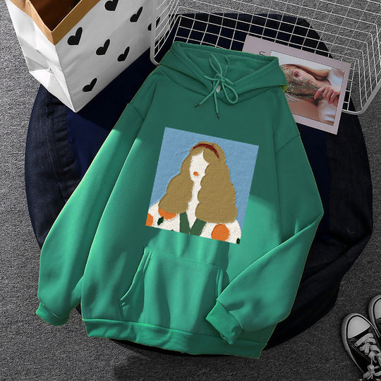 Damen nan Kapuzenpullover mit kunstvoller Chenille-Stickerei im Portraitstil und Kängurutasche EB
