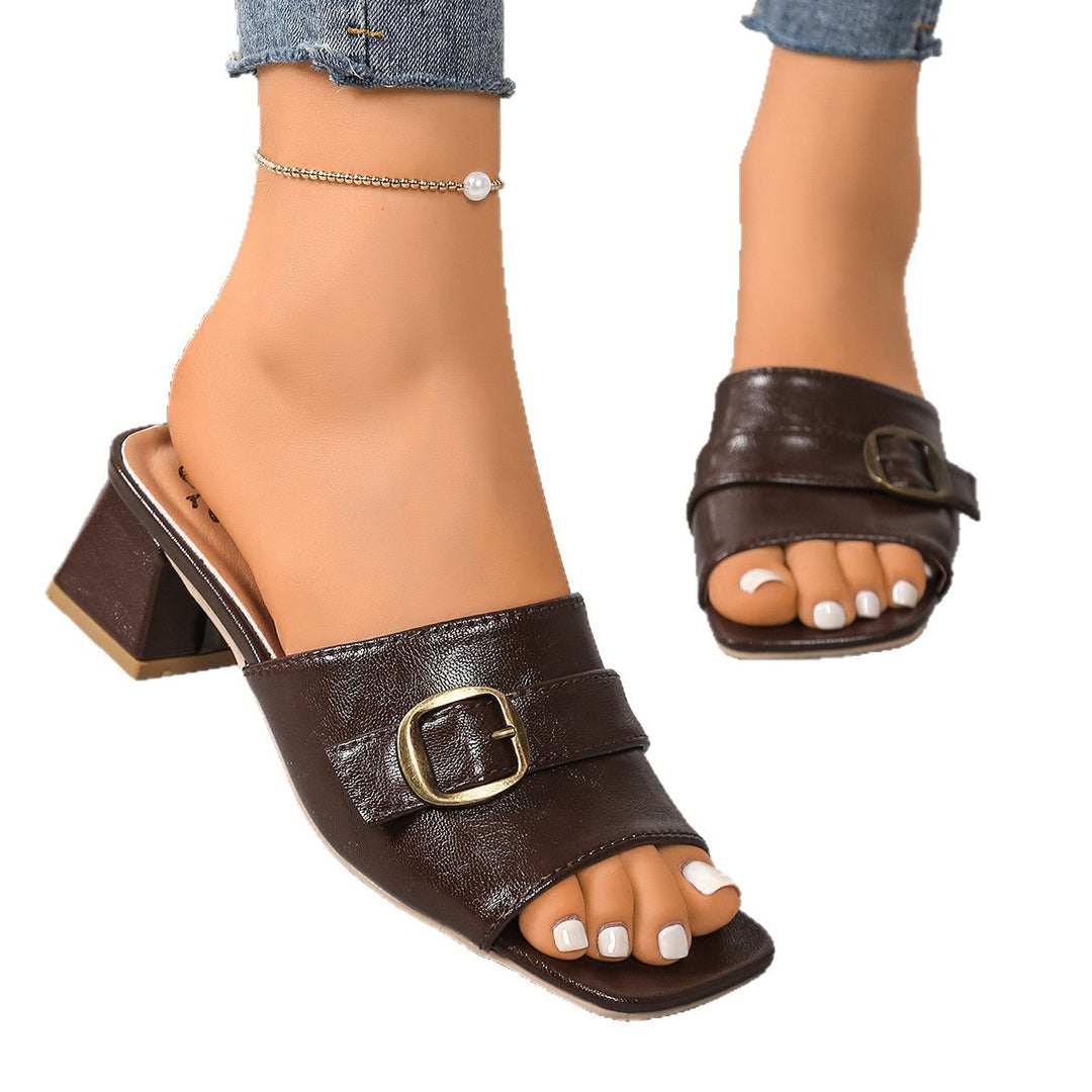 Damen offene Mules mit eleganter Schnallenverzierung und komfortablem Blockabsatz EB