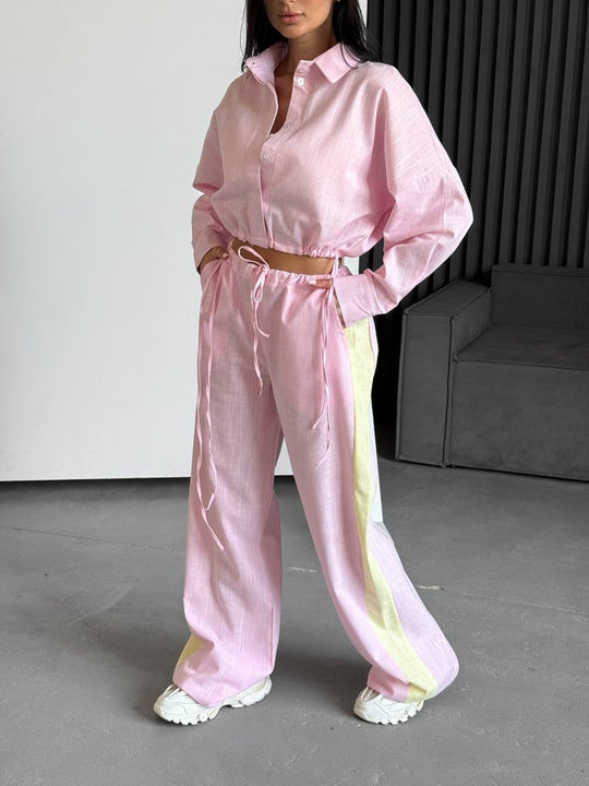 Damen kurzes Hemd mit Kordelzug und weite hochgeschnittene Leinenhose Set Eichborn Berlin