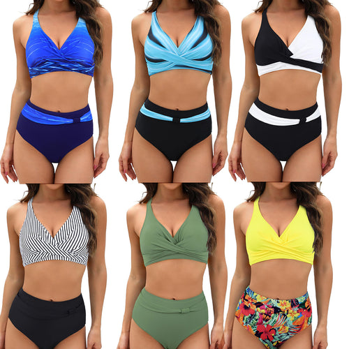 Damen Sportliches Bikini-Set mit stylischem Wickeloberteil und hochgeschnittenem Slip EB