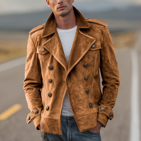 Herren nan doppeltreihige Vintage-Lederjacke mit Reverskragen und Schulterpatten EB