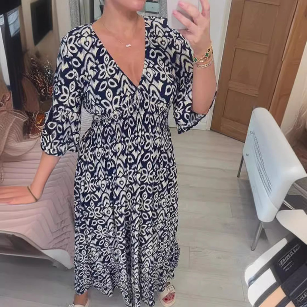 Damen Maxikleid mit schmeichelndem V-Ausschnitt und voluminösen Ärmeln EB