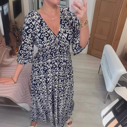 Damen Maxikleid mit schmeichelndem V-Ausschnitt und voluminösen Ärmeln EB