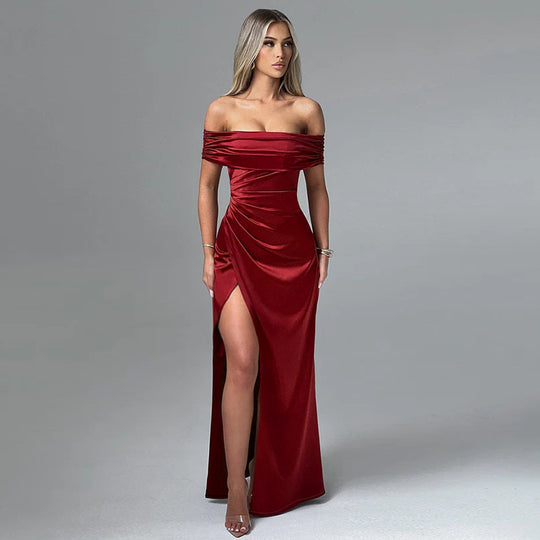Damen schulterfreies Maxikleid mit eleganter Raffung und figurbetontem Schnitt EB