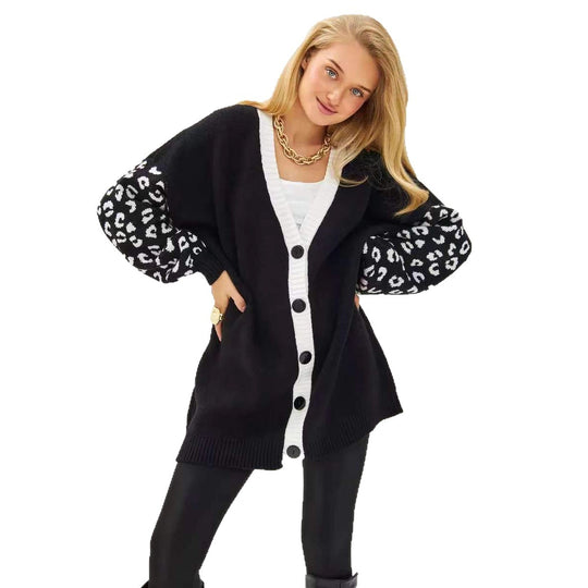 Damen Cardigan mit Leopardenmuster und knöpfen EB