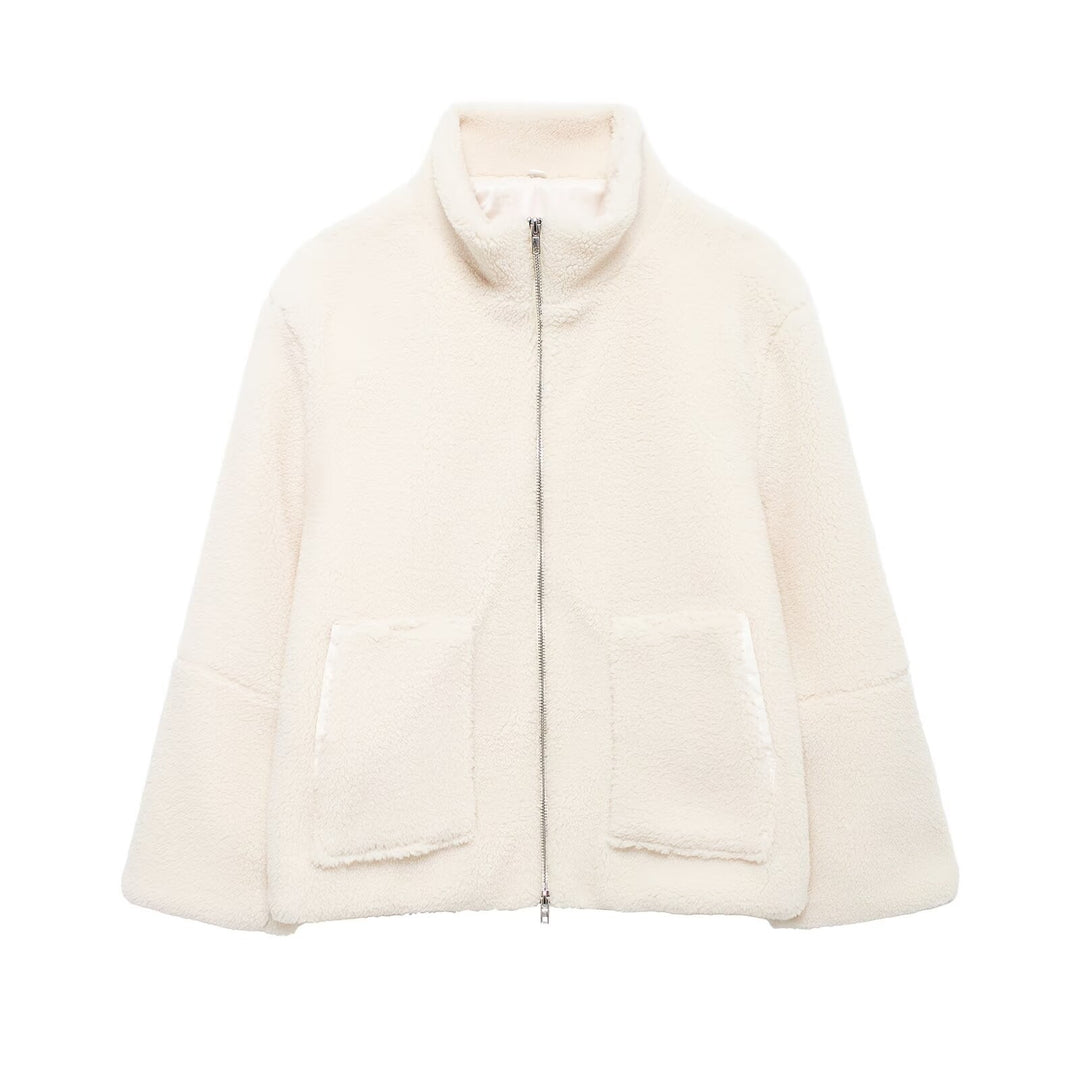 Damen Oversize Teddy-Fleecejacke mit Stehkragen und aufgesetzten Taschen EB