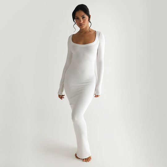 Damen Elegantes langes Kleid mit tiefem U-Ausschnitt und langen Ärmeln EB