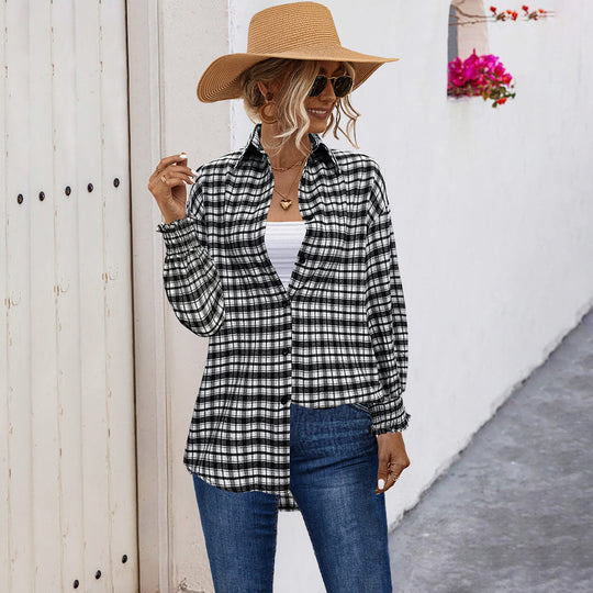 Damen Karobluse mit angeschnittenen Ärmeln und elastischen Ärmelsäumen EB